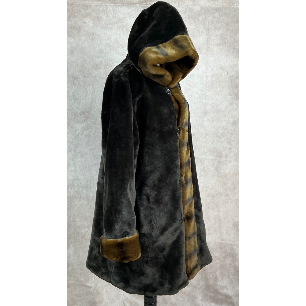Dennis Basso Reversible Hooded Faux Fur & Nylon Trench Coat Women's Size L - Picture 3 of 7